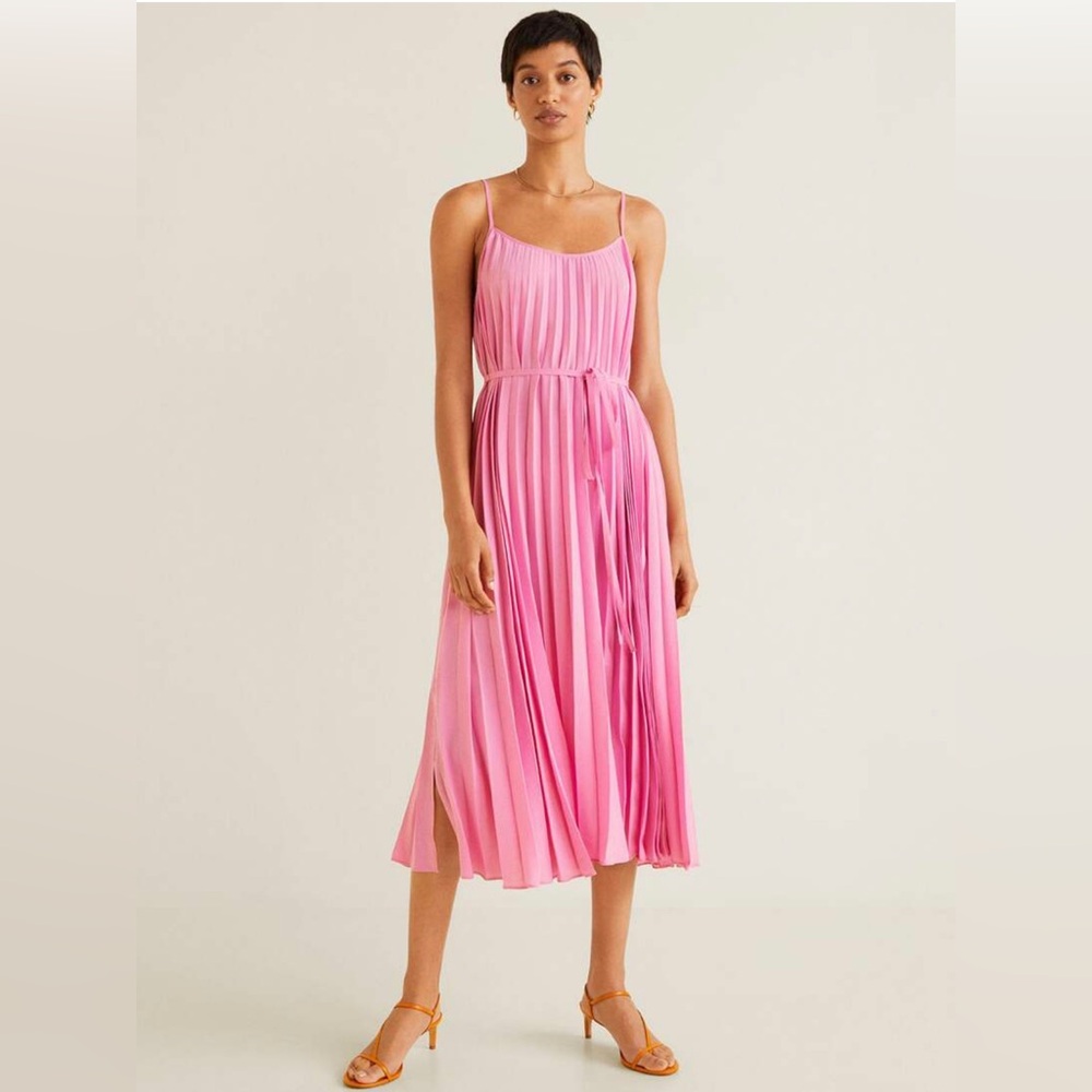 NWT MANGO Pink Solid Belted Pleated Fit & Flare Midi Dress.